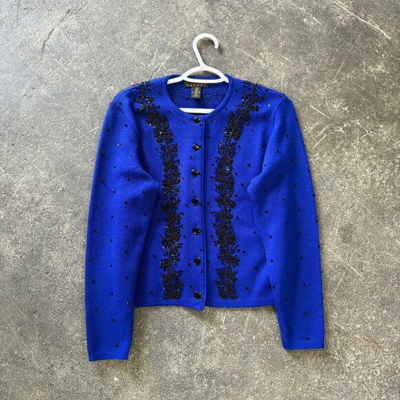 Vintage Classiques Cardigan Sweater Womens XS Blue Wool Beaded Cottage 80s - Picture 1 of 8